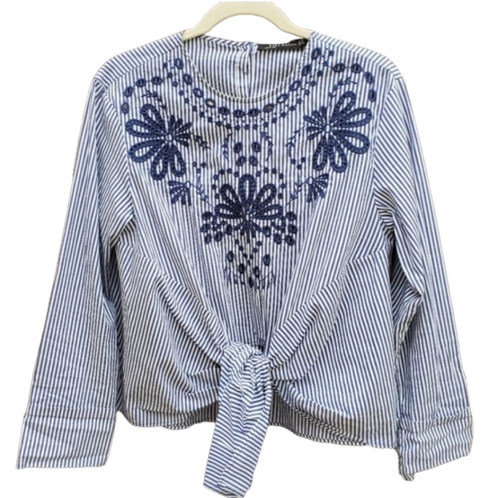ZARA Striped Tie Front Blouse S Long Sleeve Shirt Floral Nautical Boho Top - Picture 3 of 8